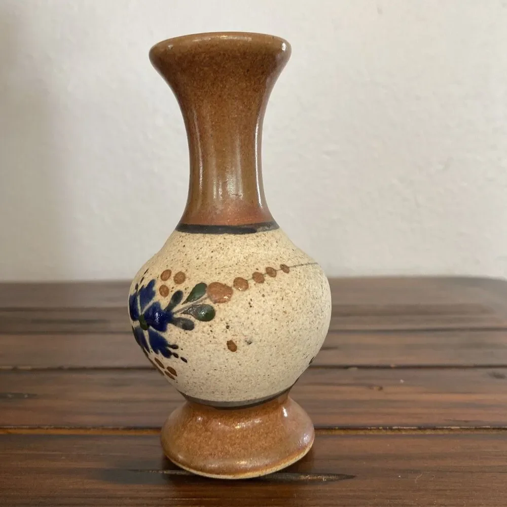 Vintage Mexican Art Pottery Stoneware Vase Hand Painted Signed Floral Small 5”